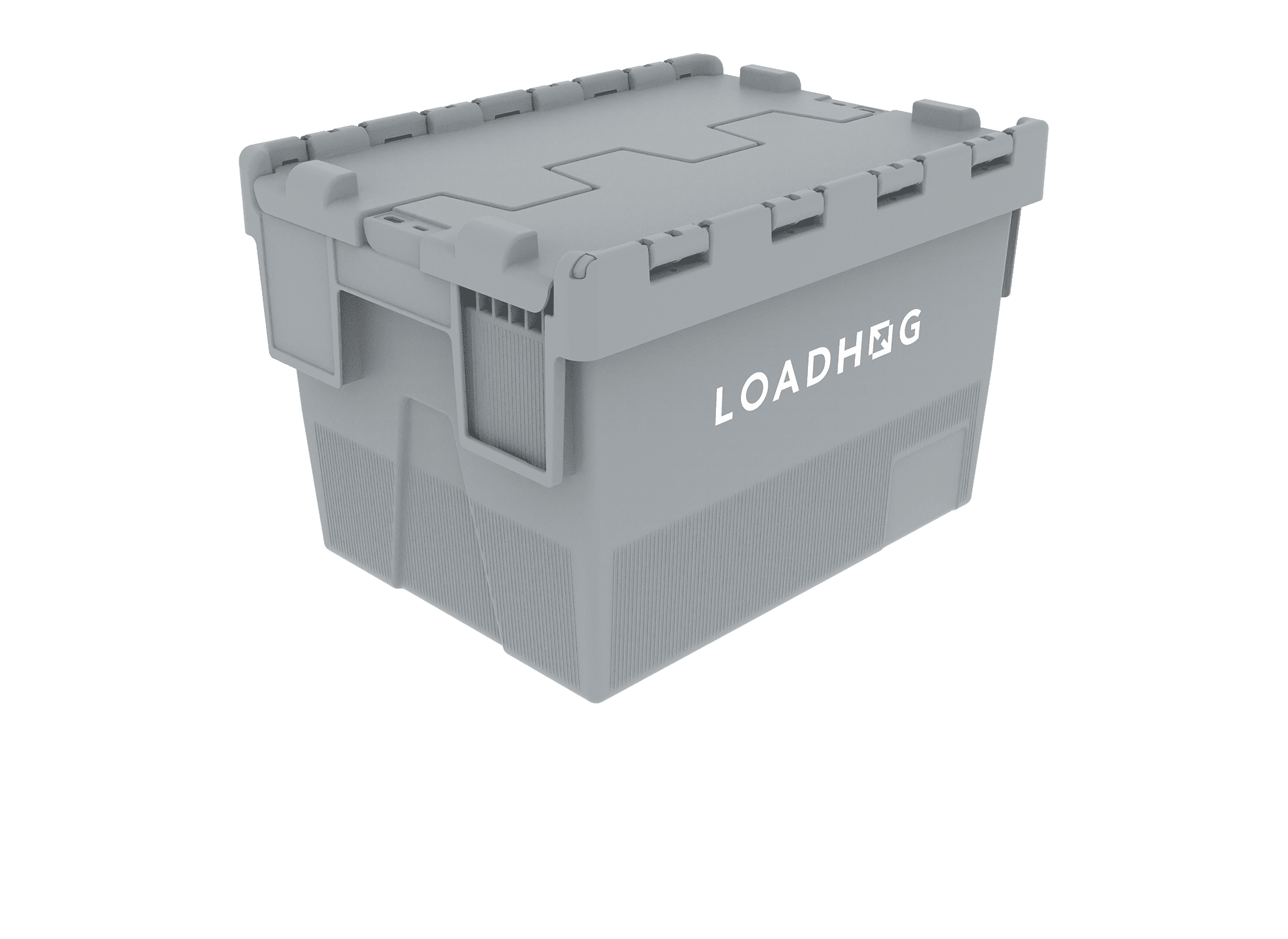 a durable, reusable plastic container with an integrated, secure-hinged lid, designed for efficient storage and transport in automated and manual logistics systems