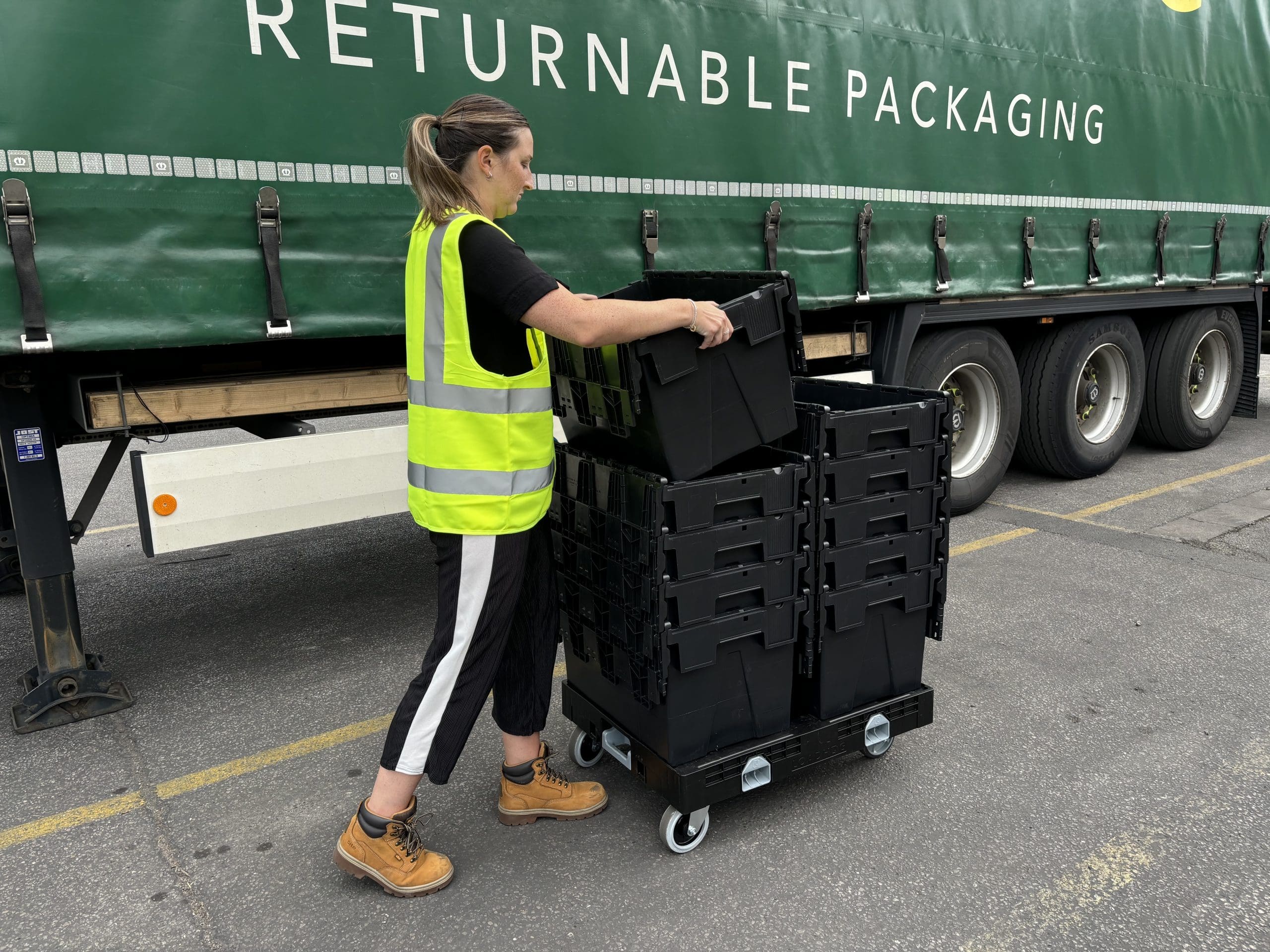 stacking totes on wheeled platform