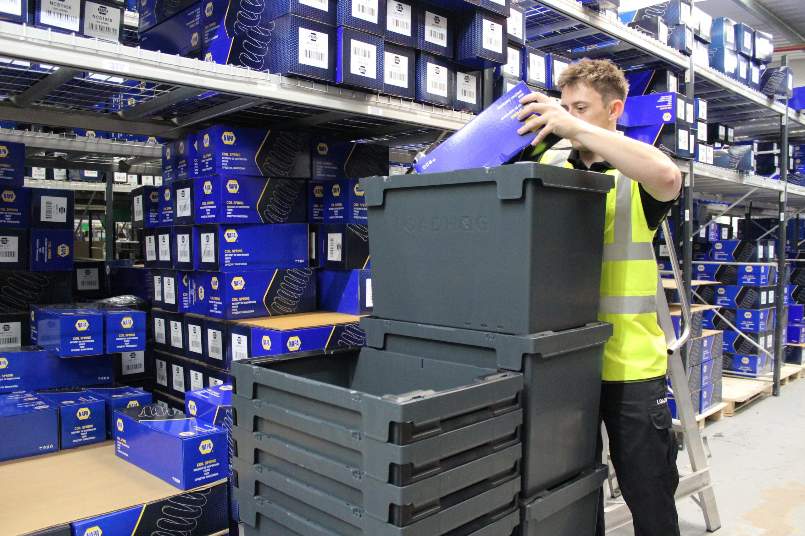 Omnimax bail arm tote being used in a retail warehouse