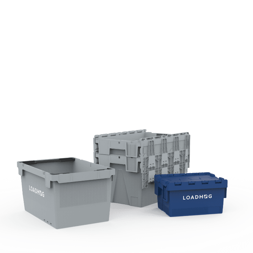 attached lid containers in multiple sizes, designed for secure, stackable, and reusable transit solutions across manual and automated logistics systems
