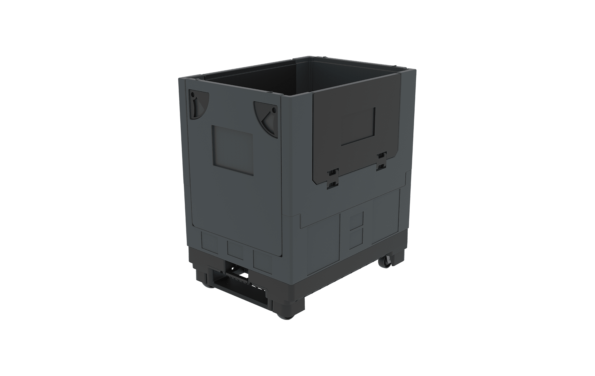 a robust, reusable container designed to integrate with the Pally system, combining the benefits of a pallet and dolly for efficient movement, stacking, and product protection in retail and logistics