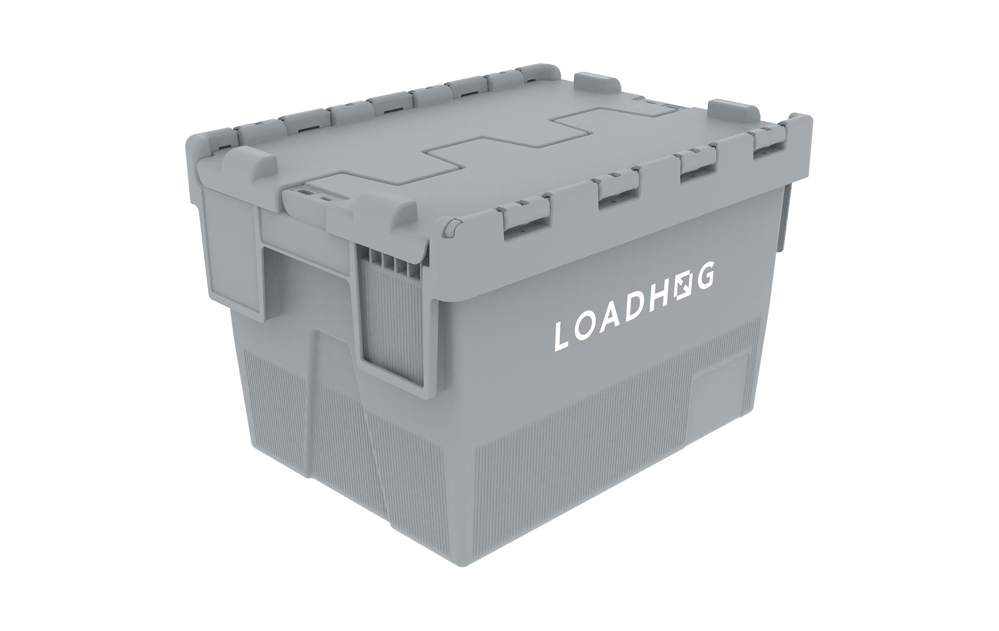 durable, reusable plastic container with an integrated, secure-hinged lid, designed for efficient storage and transport in automated and manual logistics systems